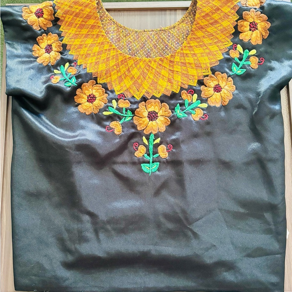 Vintage Sz L Handmade Floral Embroidered Black Satin Blouse